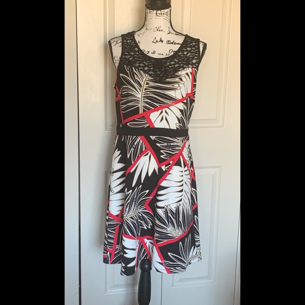 EnFocus Studio Black, White, & Red Tropical Midi Dress